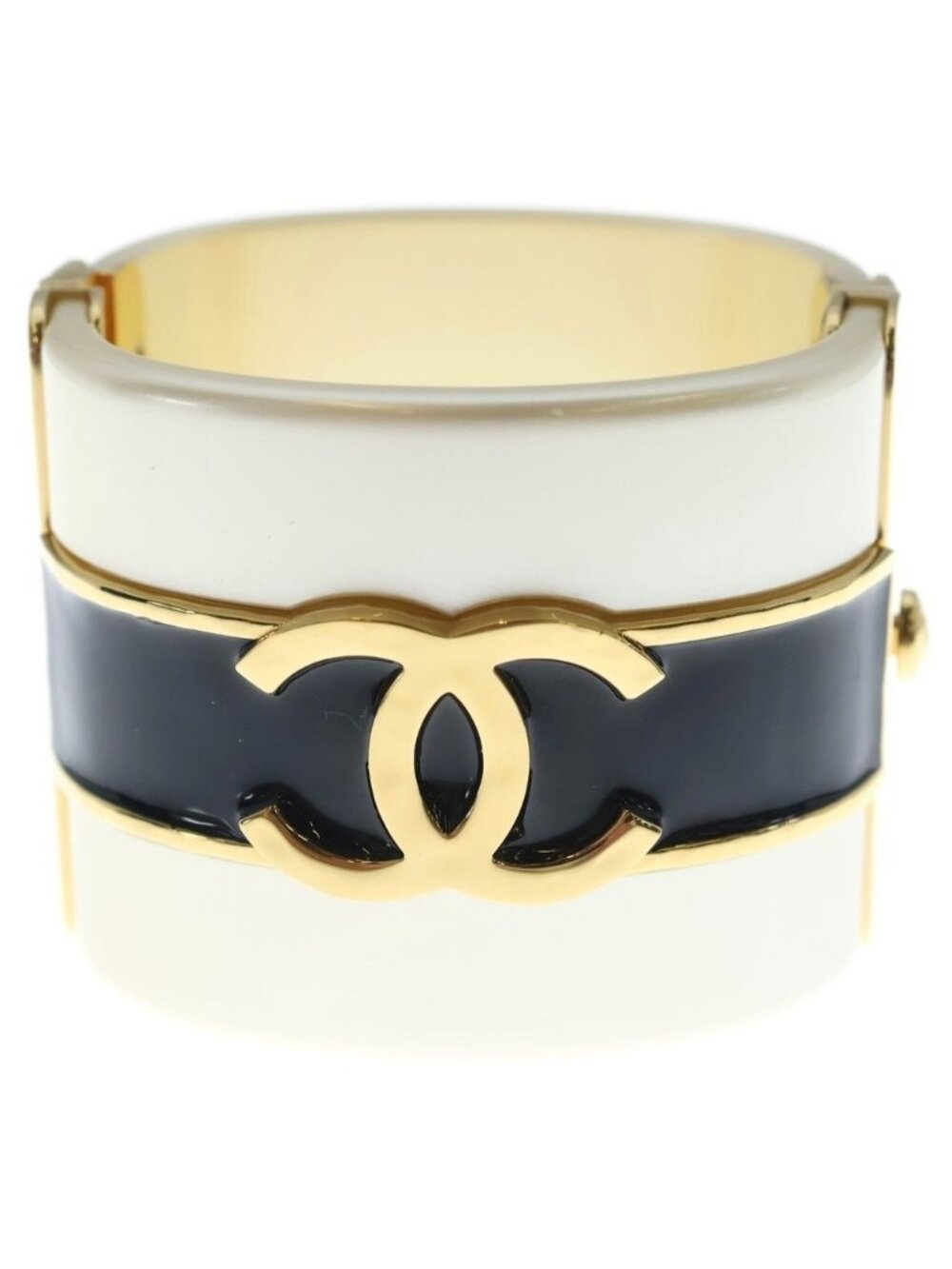 Chanel CC Logo Enamel Wide Cuff Bangle Bracelet White Black